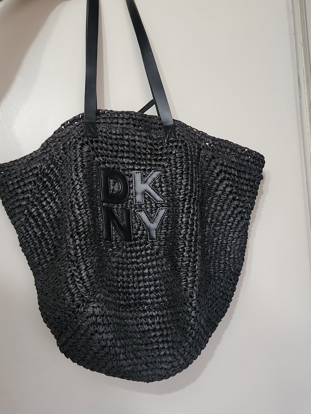 DKNY Black Woven Straw Tote with Logo